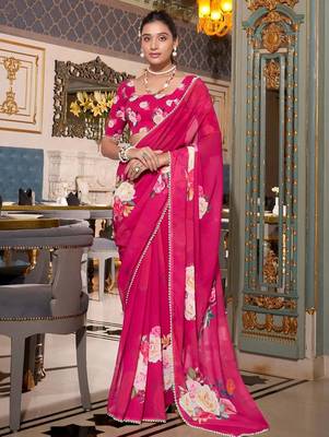 pink floral print saree with blouse 1