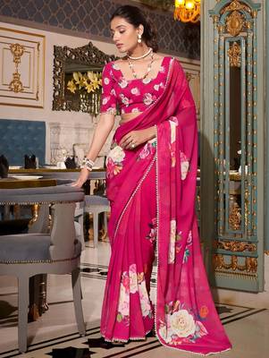 pink floral print saree with blouse 2