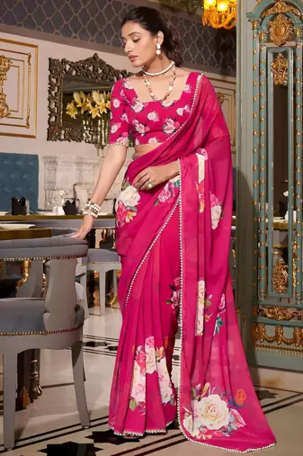 pink floral print saree with blouse