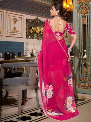pink floral print saree with blouse 3