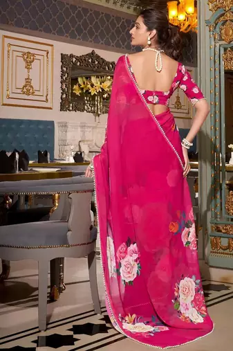 pink floral print saree with blouse