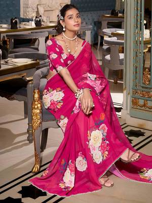 pink floral print saree with blouse 4