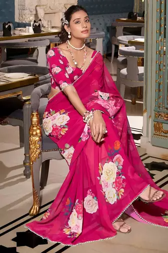 pink floral print saree with blouse