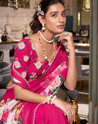 pink floral print saree with blouse 5
