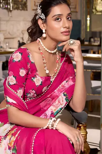 pink floral print saree with blouse