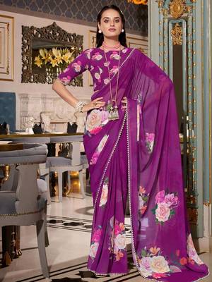 purple georgette floral print saree with blouse 1