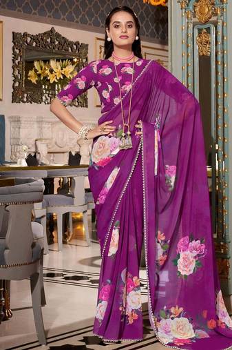 purple georgette floral print saree with blouse