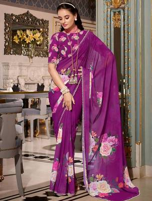 purple georgette floral print saree with blouse 2