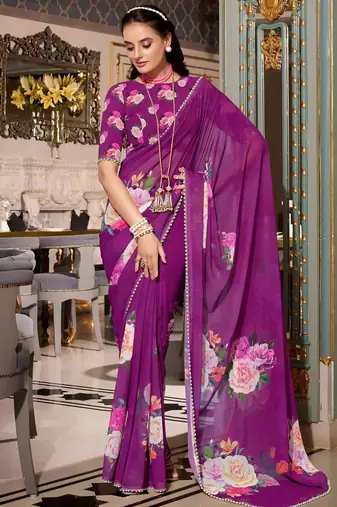 purple georgette floral print saree with blouse