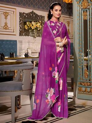 purple georgette floral print saree with blouse 3
