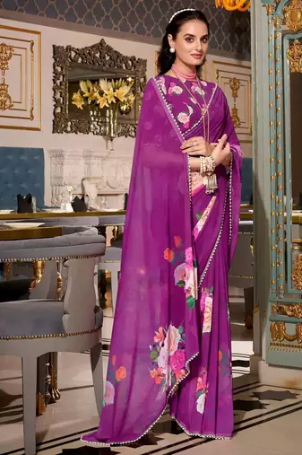 purple georgette floral print saree with blouse