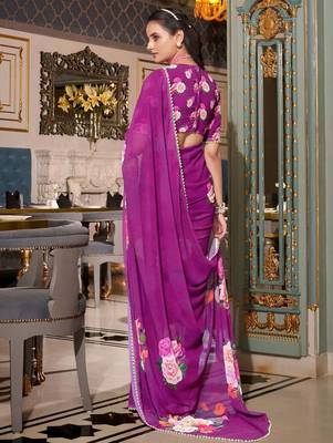 purple georgette floral print saree with blouse 4