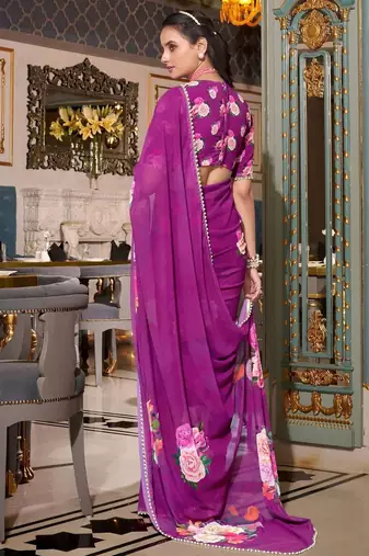 purple georgette floral print saree with blouse