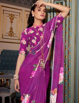 purple georgette floral print saree with blouse 5