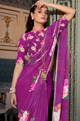 purple georgette floral print saree with blouse