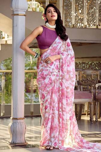 light pink chiffon floral printed saree with blouse