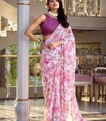 light pink chiffon floral printed saree with blouse