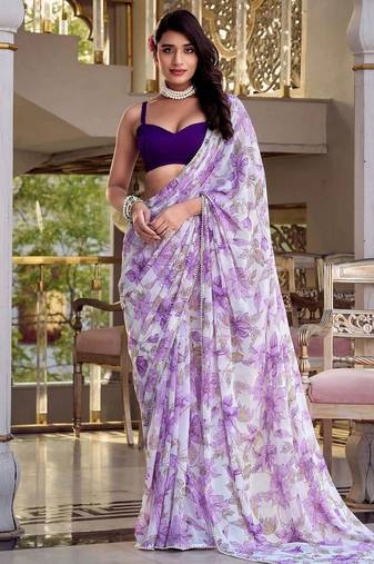 lavender floral printed chiffon saree with blouse