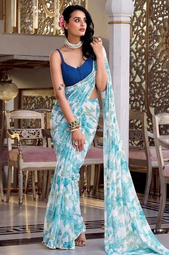 sky blue floral printed saree with blouse