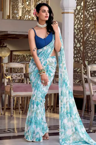 sky blue floral printed saree with blouse