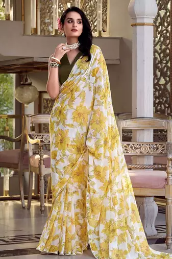 yellow chiffon printed saree with blouse