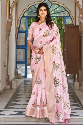 pink silk blend thread embroidered saree with blouse