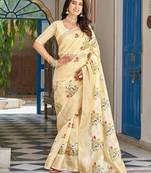 yellow thread embroidered silk blend saree