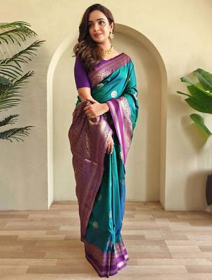 blue silk blend zari weaving saree with blouse 1