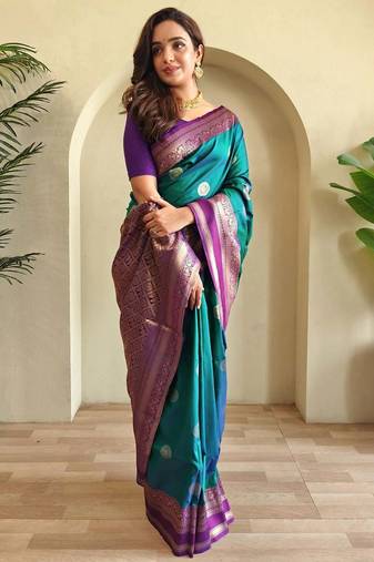 blue silk blend zari weaving saree with blouse