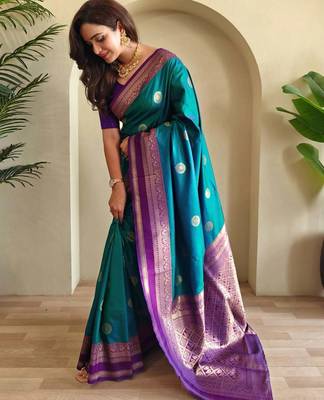 blue silk blend zari weaving saree with blouse 2