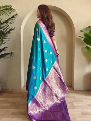 blue silk blend zari weaving saree with blouse 3