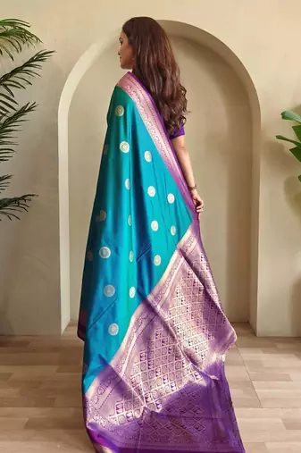 blue silk blend zari weaving saree with blouse