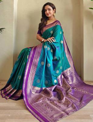 blue silk blend zari weaving saree with blouse 4
