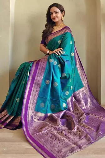 blue silk blend zari weaving saree with blouse