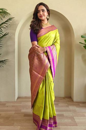 lime green zari weaving silk blend saree with blouse