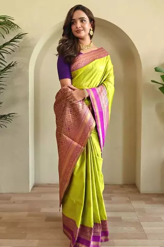 lime green zari weaving silk blend saree with blouse