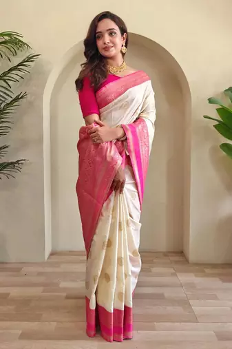 off-white zari weaving saree with blouse