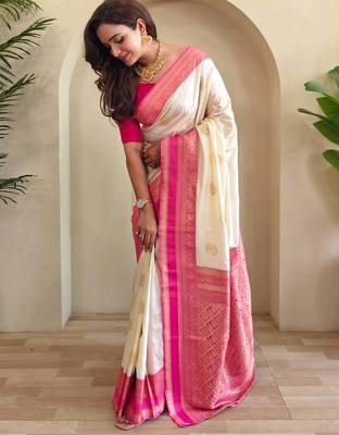 off-white zari weaving saree with blouse 2