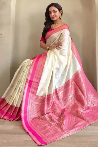 off-white zari weaving saree with blouse