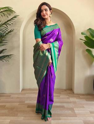 purple zari weaving silk blend saree with blouse 1