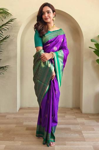 purple zari weaving silk blend saree with blouse