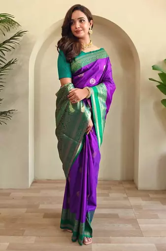 purple zari weaving silk blend saree with blouse