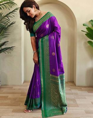 purple zari weaving silk blend saree with blouse 2
