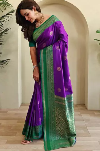purple zari weaving silk blend saree with blouse