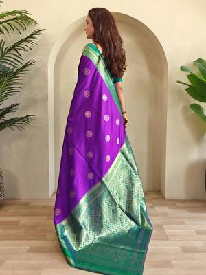 purple zari weaving silk blend saree with blouse 3