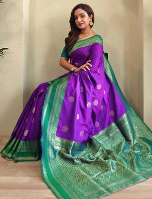 purple zari weaving silk blend saree with blouse 4