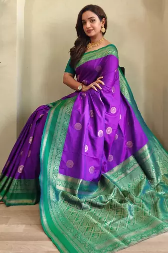 purple zari weaving silk blend saree with blouse