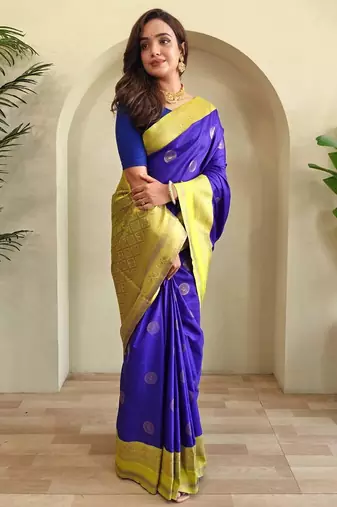 royal blue silk blend zari weaving saree with blouse