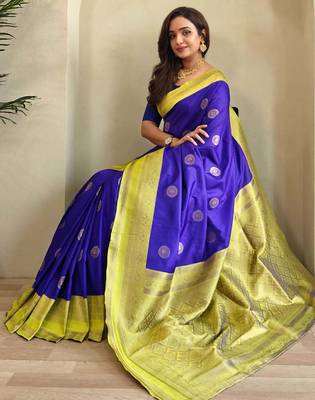 royal blue silk blend zari weaving saree with blouse 4
