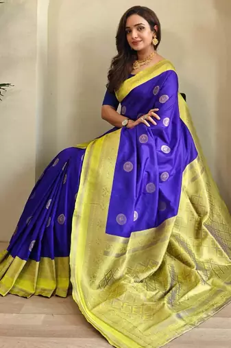 royal blue silk blend zari weaving saree with blouse